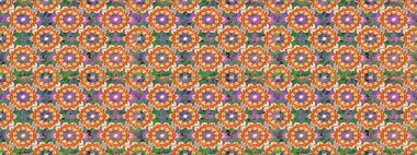 Altın karalama fantezi yapraklarından ve turuncu renkli çiçeklerden oluşan Raster soyut çiçek çelengi. El yapımı dekoratif çerçeve, albüm kapağı, tebrik kartı, klasik Art deco tarzı.