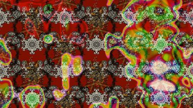 1950-1960 motifleri. El çizimi çiçek unsurları olan soyut çizim raster deseni. Çiçekli ipek eşarp. Retro tekstil tasarım koleksiyonu. Kırmızı ve kahverengi kırmızı ve kahverengi.