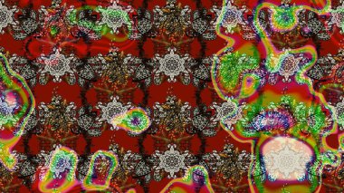 Renkli grunge, renkli ve kahverengi çiçeklerle soyut bir arka plan oluşturur. Parmak izi, kumaş, duvar kâğıdı, tekstil için raster dokusu. Nakış desenli çiçek deseni..