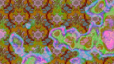 Yeşil ve kahverengi renkli bitkilerden oluşan parlak çiçekli çizim deseni.