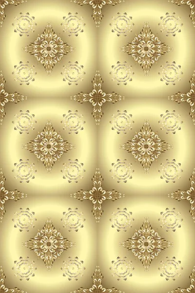 Golden pattern on beige and neutral colors with golden elements. Traditional classic golden pattern. Raster oriental ornament. Seamless oriental ornament in the style of baroque.