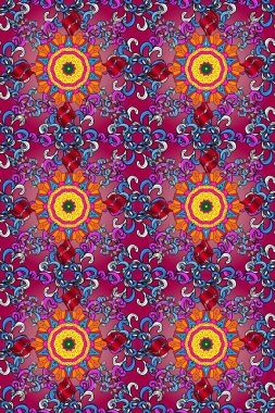 Soyut etnik raster kusursuz desen. Arkaplan dokusu, duvar kağıdı, mor ve siyah renkli çiçek teması. Kabile sanatı boho baskısı, klasik çiçek arkaplanı.