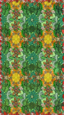 Raster illüstrasyonundaki çiçek desenli çizim. Yeşil renkte çiçekler.