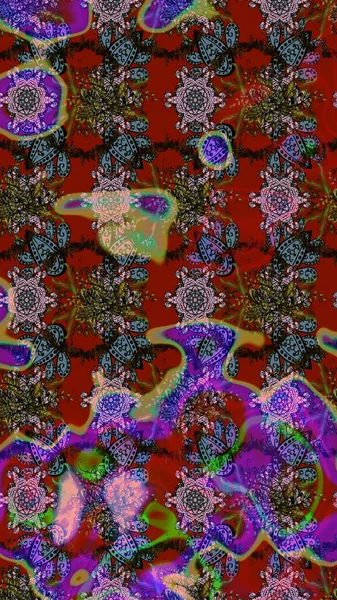 El çizimi çiçekli soyut çizim kalıbı. Kırmızı ve kahverengi renkte çiçekler. Raster illüstrasyonu.