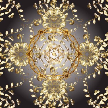 Raster. Parlak dantel, stilize çiçekler, şal desenli. Hassas altın deseni açın. Doğu tarzı arabesk. Kahverengi gri renkte altın elementli kusursuz desen. Kusursuz altın dokular bukleler