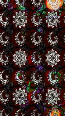 Çiçek desenli çizim. Raster illüstrasyonu. Siyah ve kahverengi renkte çiçekler. Asya tekstil tarzında. Raster illüstrasyonu.