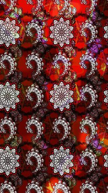 Renkli süs kenarı. Çizim kalıbı. Hint süsü. Raster illüstrasyonu. Kırmızı ve kahverengi renklerde. Çiçek duvar kağıdı.