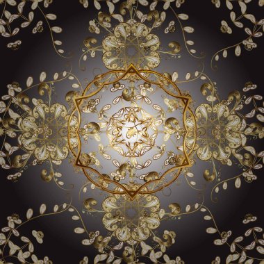 Gri ve kahverengi renkleri altın elemanları ile sorunsuz vintage desen. Noel, kar tanesi, yeni yıl 2019.