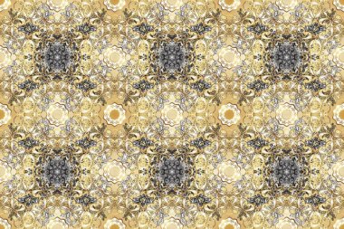 Damask pürüzsüz yineleme kalıbı. Barok tarzında altın çiçekli süs. Antika altın tekrarlanabilir duvar kağıdı. Tarafsız, gri ve bej renklerde altın element.