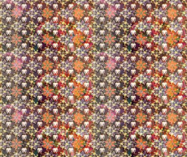 Raster illüstrasyonu. Suluboya çiçekli çiçek deseni. Kahverengi renkli Asyalı tekstil.