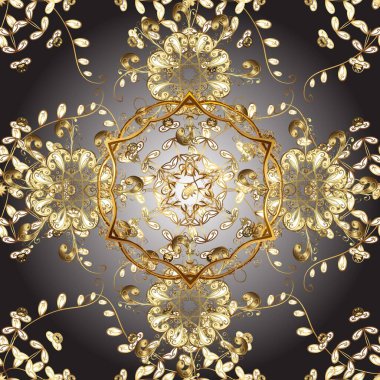 Kahverengi gri renkte altın elementli kusursuz desen. Kusursuz altın desenli bukleler. Hassas altın deseni açın. Doğu tarzı arabesk. Raster. Parlak dantel, stilize çiçekler, şal desenli