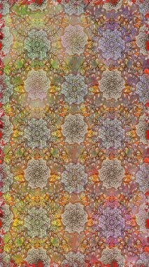 Kusursuz bir geçmişi var. Raster illüstrasyonu. Kumaş, tekstil, duvar kağıdı baskısı için. Eski usul. Renkli desenli, kahverengi ve bej çiçekli ve dekoratif elementli kusursuz desen..