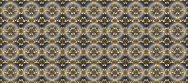 Dekoratif simetri arabesk. Doğum günü kartı, davetiye ya da afiş için iyidir. Raster illüstrasyonu. Kusursuz ortaçağ çiçek deseni. Gri, bej ve kahverengi üzerine altın.