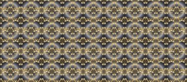 Dekoratif simetri arabesk. Doğum günü kartı, davetiye ya da afiş için iyidir. Raster illüstrasyonu. Kusursuz ortaçağ çiçek deseni. Gri, bej ve kahverengi üzerine altın.