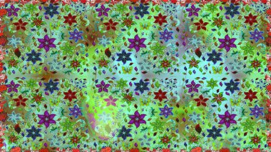 Renkli Yaz Temalı Kusursuz Arkaplan. Düz Çiçek Elementleri Tasarımı. Yeşil ve mavi renkte çiçekler. Sevimli çiçek raster deseni.