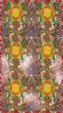 Kahverengi renklerde. Çiçek buketleriyle klasik bir eskiz şekli. Raster illüstrasyonu.