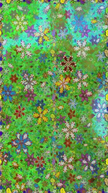 Çok yeşil ve mavi zarif küçük çiçekler ve yeşil ve mavi renkli komik böcekler, raster desen, illüstrasyon.