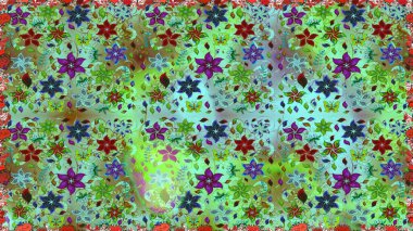 Renkli Yaz Temalı Kusursuz Arkaplan. Düz Çiçek Elementleri Tasarımı. Yeşil ve mavi renkte çiçekler. Sevimli çiçek raster deseni.