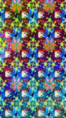 Raster - stok. Yapraklı çiçekler ve mavi renkli papatya çiçekleri. Taslak arkaplan deseni.