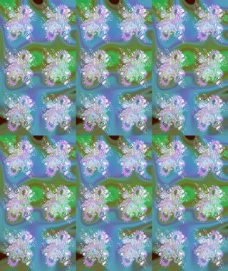 Raster illüstrasyonu. Çiçek buketleriyle klasik bir eskiz şekli. Mavi ve yeşil renklerde.