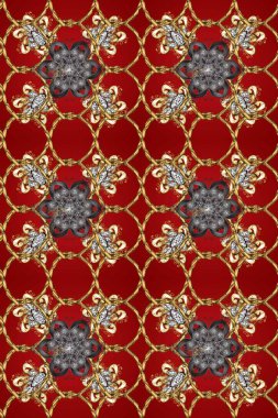 Arkaplan, kumaş, altın duvar kağıdı. Düz elle çizilmiş klasik koleksiyon. Kırmızı, kahverengi ve gri renklerde altın desenli altın elementler. Raster altın pürüzsüz desen.