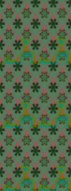 Eskiz geçmişi. Eski usul. Raster illüstrasyonu. Renkli desenli eskiz deseni, yeşil ve gri çiçekler ve dekoratif elementler. Kumaş, tekstil ve duvar kağıdı baskısı için..