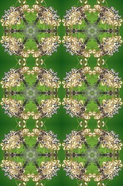 Soyut duvar kâğıdı, ambalaj dekorasyonu. Yeşil, bej, nötr renklerde raster altın desen. Kış sembolü, Mutlu Noeller, Mutlu yıllar 2019. Altın kar taneleri basit, pürüzsüz desen