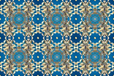 Klasik klasik klasik arka plan. Mavi, bej ve altın elementli nötr renklerde kusursuz desen. Klasik raster sarısı, kusursuz desen. Geleneksel oryantasyon süsü.