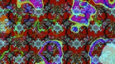 Çiçeksel çizim kalıbının yansıması. Vadinin çiçekleri kırmızı ve mavi renklerde.