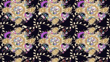 Kabile sanatı boho baskısı, klasik çiçek arkaplanı. Arkaplan dokusu, duvar kağıdı, çiçek temalı siyah renkler. Soyut etnik raster çizim kalıbı.