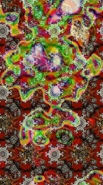 Çiçek desenli çizim. Raster illüstrasyonu. Raster illüstrasyonu. Asya tekstil tarzında. Çiçekler kahverengi, kırmızı ve yeşil renklerde.