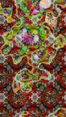 Çiçek desenli çizim. Raster illüstrasyonu. Raster illüstrasyonu. Asya tekstil tarzında. Çiçekler kahverengi, kırmızı ve yeşil renklerde.