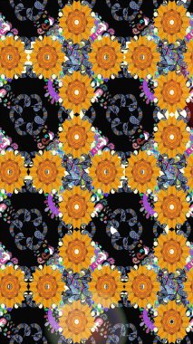 Raster Floral Illustration, Asyalı tekstil. Siyah ve sarı renklerde etnik çiçeklerle kusursuz bir desen..