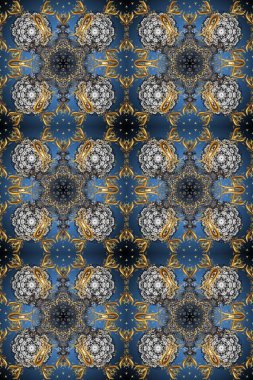 Kusursuz raster arka plan. Gri ve mavi renklerde grafiksel, modern, pürüzsüz desen. Kusursuz çiçek deseni. Duvar kâğıdı barok, İspanyol kumaşı.