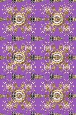 Raster illüstrasyonu. Altın elementli bej, mor ve nötr renklerde klasik dikişsiz desen.