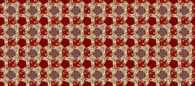 Raster Golden Mehndi kusursuz desen. Kına dövmeli süs çiçekleri, altın çıkartmalar, mehndi ve yoga tasarımı, kartlar ve parmak izleri. Kırmızı, bej ve kahverengi renkte desen.