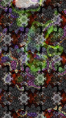 Raster illüstrasyonu. Asya tekstil tarzında. Düz Çiçek Elementleri Tasarımı. Renkli Bahar Teması eskiz kalıbı. Çiçek desenli çizim. Gri renkli çiçekler.