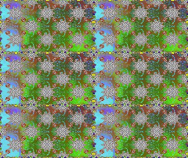 Çiçekli karalama şeklinde Raster çiçek deseni. Yeşil ve gri renkli çiçekler. Yumuşak, bahar çiçekli arka plan.