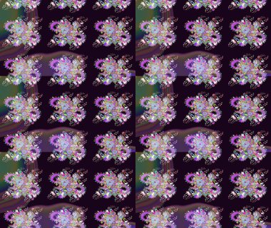 Raster illüstrasyonu. Siyah ve mor renkli Asya tekstili. Kusursuz çiçek deseni.