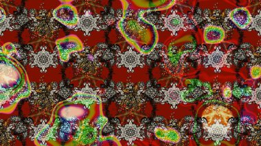 Raster illustration. In asian textile style. Flowers on red, brown and gray colors. Flat Flower Elements Design. Colour Spring Theme sketch pattern Background. Sketch flowers pattern.