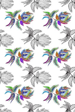 Şirin karalama çiçekleri olan kusursuz çiçek desenleri. Çizim tarzı kırmızı, beyaz ve gri renkler. El yapımı çiçek ve bitki koleksiyonu.