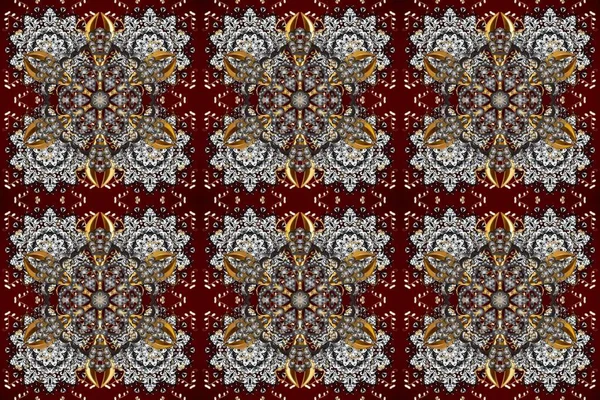 Kahverengi, gri ve kırmızı renklerde altın desenli altın elementler. Arkaplan, kumaş, altın duvar kağıdı. Düz elle çizilmiş klasik koleksiyon. Raster altın pürüzsüz desen.