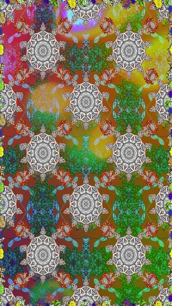 Yumuşak, yeşil ve kahverengi renklerde bahar çiçekleri. Yaprak ve çiçeklerin suluboya resmi, yeşil ve kahverengi renklerde pürüzsüz desen. Raster illüstrasyonu.