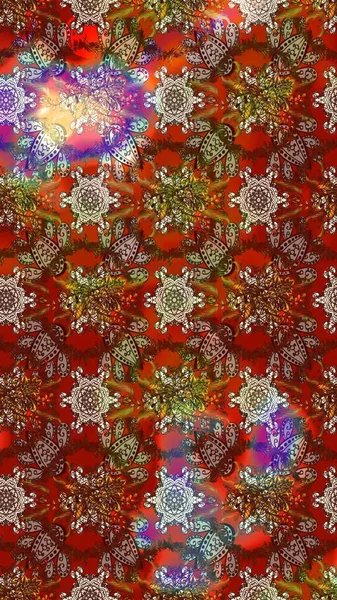El çizimi çiçek unsurları olan soyut çizim raster deseni. 1950-1960 motifleri. Kahverengi ve kırmızı kahverengi ve kırmızıya. Retro tekstil tasarım koleksiyonu. Çiçekli ipek eşarp..