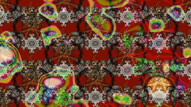 Raster illustration. In asian textile style. Flowers on red, brown and gray colors. Flat Flower Elements Design. Colour Spring Theme sketch pattern Background. Sketch flowers pattern.