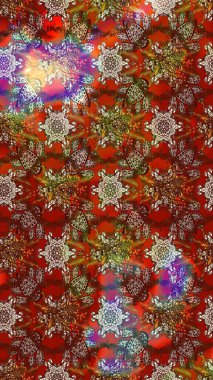 El çizimi çiçek unsurları olan soyut çizim raster deseni. 1950-1960 motifleri. Kahverengi ve kırmızı kahverengi ve kırmızıya. Retro tekstil tasarım koleksiyonu. Çiçekli ipek eşarp..