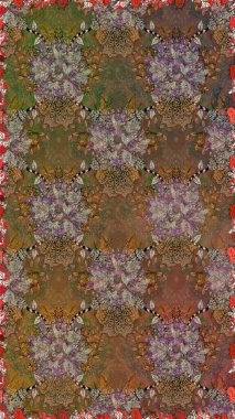 Raster illüstrasyonu. Kusursuz çiçek deseni. Asya tekstil tarzında. Renkli Bahar Temalı Kusursuz Arkaplan. Düz Çiçek Elementleri Tasarımı. Kahverengi ve bej renkli çiçekler.