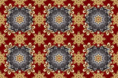 Raster illüstrasyonu. Raster altın desen. Kusursuz altın desenli bukleler. Doğu tarzı arabesk. Altın elementli kırmızı, gri ve bej renkler.