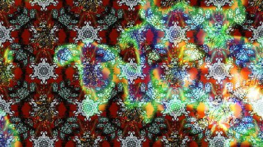 Raster Floral Illustration, Asyalı tekstil. Yeşil ve kahverengi renkli etnik çiçeklerle zarif eskiz deseni.