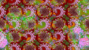 Suluboya, elle çizilmiş. Kırmızı ve yeşil yapraklı yabani çiçekler. Raster illüstrasyonu. Taslak arkaplan deseni.